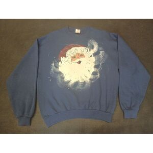 Customized Sweatshirt Sz‎ L Blue Cotton Hand Painted Santa Crew Neck